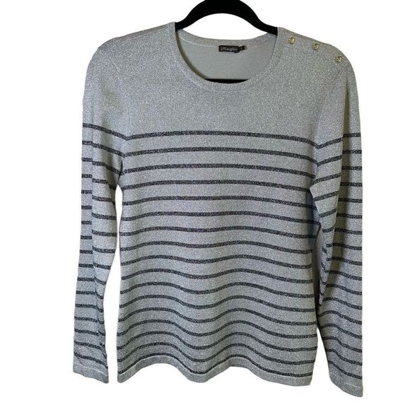 J. Mclaughlin- Silver & Black Metallic Striped Knit Stretch Button Collar Top, S - Picture 6 of 6